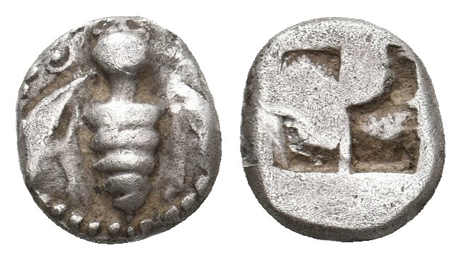 IONIA. Ephesos. (Circa 500-420 BC). AR Diobol.
Obv: E - Φ.
Bee.
Rev: Quadriparti...
