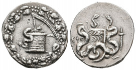 IONIA. Ephesus.(133-67 BC). AR Cistophoric Tetradrachm.
Obv: Cistamystica with serpent; all within ivy wreath.
Rev: EΦΕ.
Bowcase between two serpents;...