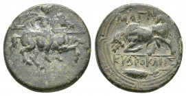 IONIA. Magnesia ad Maeandrum. (Circa 350-200 BC). Kydrokles, magistrate. Ae.
Obv: Galloping warrior on horseback right, attacking with spear.
Rev: MAΓ...