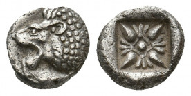 IONIA. Miletos. (Late 6th-early 5th centuries BC).AR Obol or Hemihekte.
Obv: Forepart of lion right, head left.
Rev: Stellate floral design; all withi...