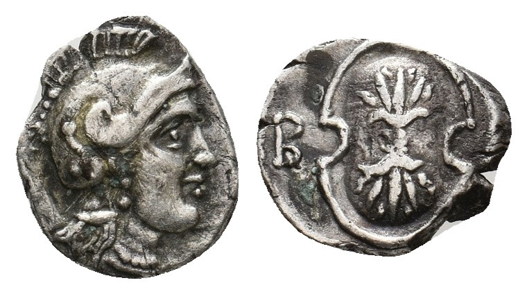 CILICIA. Tarsos. Balakros. (Circa 333-323 BC). AR Obol.
Obv: Helmeted head of At...