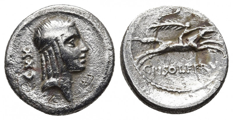 C. PISO, 61 AD. AR, Denarius.
Obv: Head of Apollo to right, wearing taenia; behi...