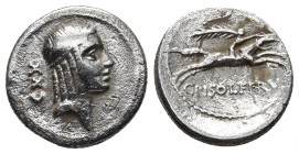 C. PISO, 61 AD. AR, Denarius.
Obv: Head of Apollo to right, wearing taenia; behind, CXX.
Rev.C PISO. L. F. FRV.
Naked horseman galloping to right, hol...