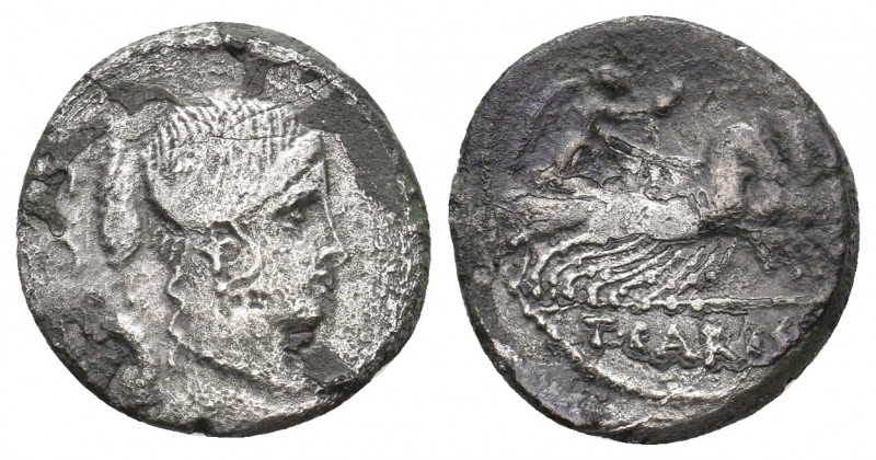 T. CARISUS, 46 AD AR, Denarius. 
Obv: Draped bust of Victory right; behind, S·C....