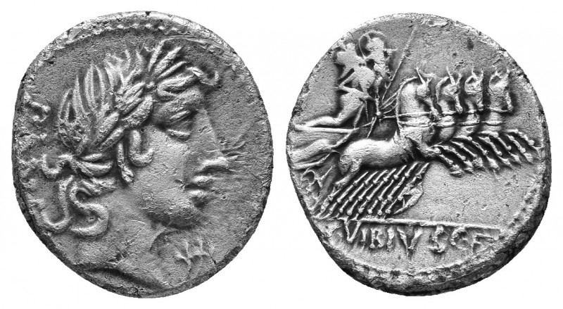 C. VIBIUS C.F. PANSA, 90 BC. AR, Denarius. Rome.
Obv: PANSA.
Laureate head of Ap...