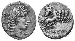 C. VIBIUS C.F. PANSA, 90 BC. AR, Denarius. Rome.
Obv: PANSA.
Laureate head of Apollo right.
Rev: [C] VIBIVS C F.
Minerva, holding trophy, reins and sp...