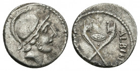 ALBINUS BRUTI F, 48 BC. AR, Denarius. Rome. 
Obv: Helmeted head of young Mars, right. 
Rev: ALBINVS [BRVTI·F].
Two carnyces (Gallic trumpets) in salti...