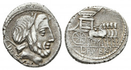L. RUBRIUS DOSSENUS. AR, Denarius. 87 BC. Rome.
Obv: DOS[SEN].
Laureate head of Jupiter right, with sceptre over shoulder.
Rev: L RVBRI.
Triumphal cha...