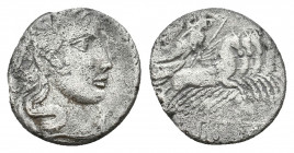 Roman Republic, Circa 154-41 BC. AR, Denraius.
Obv: Laureate head of Apollo (?), right.
Rev: Minerva driving galloping quadriga, right.
Condition: Fin...