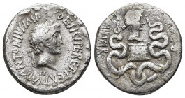MARK ANTONY. AR, Cistophoric tetradrachm. Ephesus (?).
Obv: M·ANTONIVS·IMP·COS· DESIG·ITER ET·TERT.
Ivy-wreathed head right; below, lituus; All within...