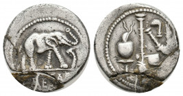 JULIUS CAESAR, 49 BC. AR, Denarius. Military mint traveling with Caesar.
Obv: CAESAR.
Elephant advancing right, trampling upon horned serpent.
Rev: Em...