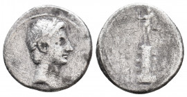 The Triumvirs. Octavian. Autumn 30-summer 29 BC. AR, Denarius. Italian (Rome?)
Obv: Laureate head of Octavian, as Apollo, right. 
Rev: Rostral column ...