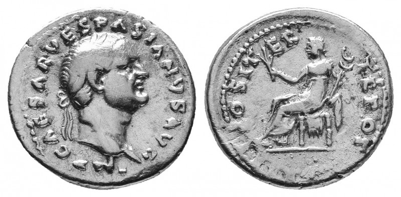 VESPASIAN, 69-79 AD. AR, Denarius. Rome.
Obv: IMP CAESAR VESPASIANVS AVG.
Laurea...