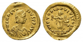 ANASTASIUS I (491-518 AD). AV, Tremissis. Constantinople.
Obv: D N ANASTASIVS P P AVG. 
Diademed, draped and cuirassed bust of Anastasius right.
Rev: ...