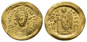 ANASTASIUS I (491-518 AD). AV, Solidus. Constantinople.
Obv: D N ANASTASIVS P P AVG. 
Helmeted and cuirassed bust facing slightly right, holding spear...