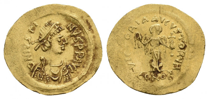 Justin I, (518-527 AD). AV, Tremissis. Constantinople. 
Obv: D N IVSTI-NVS PP AV...