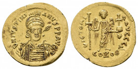 JUSTINIAN I (527-565 AD). AV, Solidus. Constantinople.
Obv: D N IVSTINIANVS P P AVG. 
helmeted, cuirassed bust of Justinian I facing, head slightly ri...