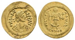 MAURICE TIBERIUS (582-602 AD). AV, Semissis. Constantinople.
Obv: δ N MAVRI P P AVG. 
Diademed, draped and cuirassed bust of Maurice Tiberius to right...