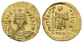 PHOCAS (602-610 AD). AV, Solidus. Constantinople.
Obv: δN FOCAS PЄRP AVG. 
Crowned and cuirassed facing bust, holding globus cruciger.
Rev: VICTORIA [...