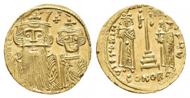 CONSTANS II with CONSTANTINE IV (641-668 AD). AV, Solidus. Constantinople.
Obv: Crowned and draped facing busts of Constans and Constantine; cross abo...