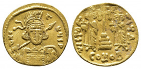 CONSTANTINE IV POGONATUS with HERACLIUS and TIBERIUS (668-685 AD). AV, Solidus. Constantinople.
Obv: δ N C[ON]TNЧS P. 
Helmeted and cuirassed bust fac...