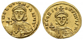 LEO III THE "ISAURIAN" with CONSTANTINE V (717-741 AD). AV, Solidus. Constantinople.
Obv: δ N O LЄON P A MЧL.
Crowned and draped facing bust of Leo, h...