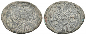 LEO IV THE KHAZAR, with CONSTANTINE VI (775-780 AD). AE, Follis. Constantinople.
Obv: Crowned and draped half-lenght busts of Leo IV and Constantine V...