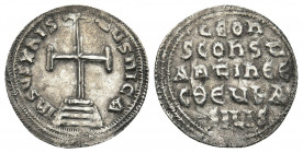 LEO IV THE KHAZAR with CONSTANTINE VI (775-780 AD). AR, Miliaresion. Constantinople.
Obv: IhSЧS XRISTЧS ҺICA.
Cross potent set on three steps.
Rev: LЄ...
