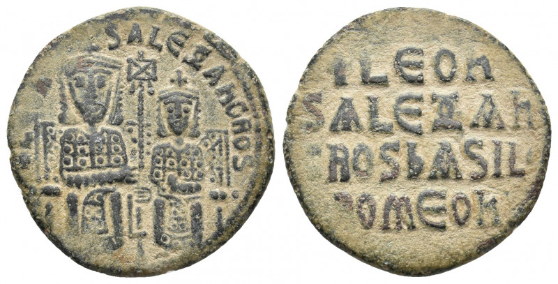 LEO VI with ALEXANDER (886-912 AD). AE, Follis. Constantinople.
Obv: + LЄOҺ S AL...