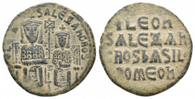 LEO VI with ALEXANDER (886-912 AD). AE, Follis. Constantinople.
Obv: + LЄOҺ S ALЄΞAҺδROS. 
Crowned figures of Leo and Alexander seated facing on doubl...
