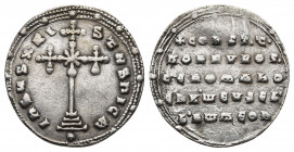 CONSTANTINE VII PORPHYROGENITUS with ROMANUS I (913-959 AD). AR, Miliaresion. Constantinople.
Obv: IҺSЧS XRISTЧS ҺICA. 
Cross crosslet set on three st...
