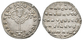 NICEPHORUS II PHOCAS (963-969 AD). AR, Miliaresion. Constantinople.
Obv: + IҺSЧS XRISTЧS ҺICA ✷. 
Cross-crosslet set on globus above two steps; in cen...