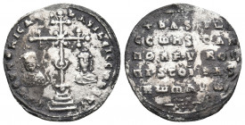 BASIL II BULGAROKTONOS with CONSTANTINE VIII (976-1025 AD). AR, Miliaresion. Constantinople.
Obv: ЄҺ TOVTω ҺICAT ЬASILЄI C CωҺST.
crosslet with centra...