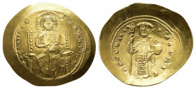 CONSTANTINE X DUCAS (1059-1067 AD). AV, Histamenon, Constantinople.
Obv: + IhS XIS REX REGNANTInm.
Christ seated facing on throne with back, wearing n...