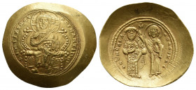 CONSTANTINE X DUCAS (1059-1067 AD). AV, Histamenon Nomisma. Constantinople.
Obv: + IҺS IXS RЄCX RЄGNANTIҺM. 
Christ Pantokrator seated, wearing nimbus...