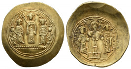ROMANUS IV DIOGENES with EUDOCIA, MICHAEL VII, CONSTANTIUS and ANDRONICUS (1068-1071 AD). AV, Histamenon. Constantinople.
Obv: +PⲰMAN / IC XC / ЄVΔOKA...