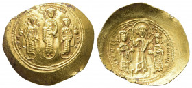 ROMANUS IV DIOGENES with EUDOCIA, MICHAEL VII, CONSTANTIUS and ANDRONICUS (1068-1071 AD). AV, Histamenon. Constantinople.
Obv: +PⲰMAN / IC XC / ЄVΔOKA...