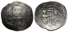 ALEXIUS I COMNENUS (1081-1118 AD). AR Histamenon Nomisma. Thessalonica.
Obv: + KЄ RO AΛЄZ / IC - XC. 
Facing bust of Christ Pantokrator.
Rev: St. Deme...
