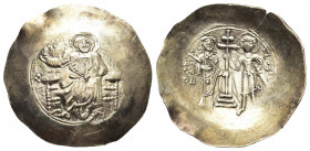 JOHN II COMNENUS (1118-1143 AD). EL Aspron Trachy. Constantinople.
Obv: IC - XC. 
Christ Pantokrator seated facing on throne.
Rev: John and St. George...