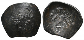 ISAAC II ANGELUS (?). First reign (1185-1195 AD). Aspron trachy.
Obv: Uncertain.
Rev: Isaac standing facing, holding cruciform scepter and akakia.
SB ...
