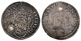 Giulio III 1550-1555
Grosso o Mezzo Giulio, Roma, AG 1.5 g.
Ref : MIR 981/1 (R2)
TB+ Trouée. Très Rare