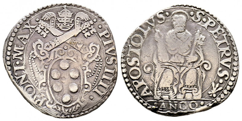 Pio IV 1559-1565
Triplice Giulio o Testone, Ancona, AG 9.08 g.
Ref : MIR 1060/8
...