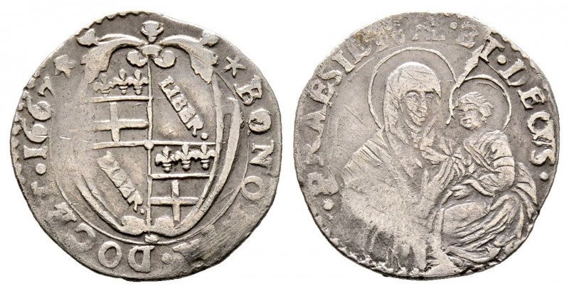 Alessandro VII 1655-1667
Carlino (madonnina), 1667, Bologna, AG 1.81 g.
Ref : MI...