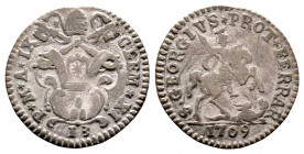 Clemente XI 1700-1721
Grossetto Scempio da 13 Quattrini, 1709, Ferrara, Mi 1.3 g.
Ref : MIR 2366/1 (R)
TB-TTB