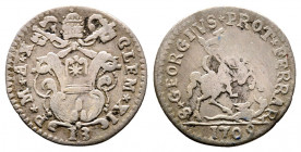 Clemente XI 1700-1721
Grossetto Scempio da 13 Quattrini, 1709, Ferrara, Mi 1.28 g.
Ref : MIR 2366/2 (R)
TTB