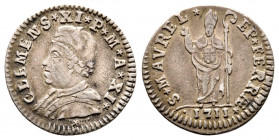 Clemente XI 1700-1721
Muraiola da 2 Baiocchi, 1711, Ferrara, Mi 1.59 g.
Ref : MIR 2368/2 (R)
TTB-SUP