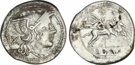 Denario. 211-209 a.C. ANÓNIMO. Anv.: Cabeza de Roma a derecha, detrás X. Rev.: Dioscuros a caballo a derecha, encima estrellas. En exergo: ROMA parte ...
