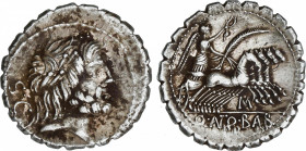 Denario. 83-82 a.C. ANTONIA. Q. Antonius Balbus. Anv.: S.C. Cabeza laureada de Júpiter a derecha. Rev.: Victoria en cuadriga a derecha, debajo M bajo ...