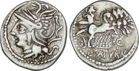 Denario. 104 a.C. APPULEIA. Lucius Appuleius Saturninus. Anv.: Cabeza de Roma a izquierda. Rev.: Saturno en cuadriga a derecha, debajo C entre tres pu...