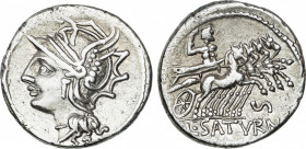 Denario. 104 a.C. APPULEIA. Lucius Appuleius Saturninus. Anv.: Cabeza de Roma a izquierda. Rev.: Saturno en cuadriga a derecha, debajo X. En exergo: L...